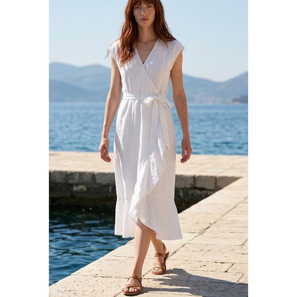 White Linen Asymmetrical Wrap Dress XS Bridal Cottage Coastal Coquette Romantic